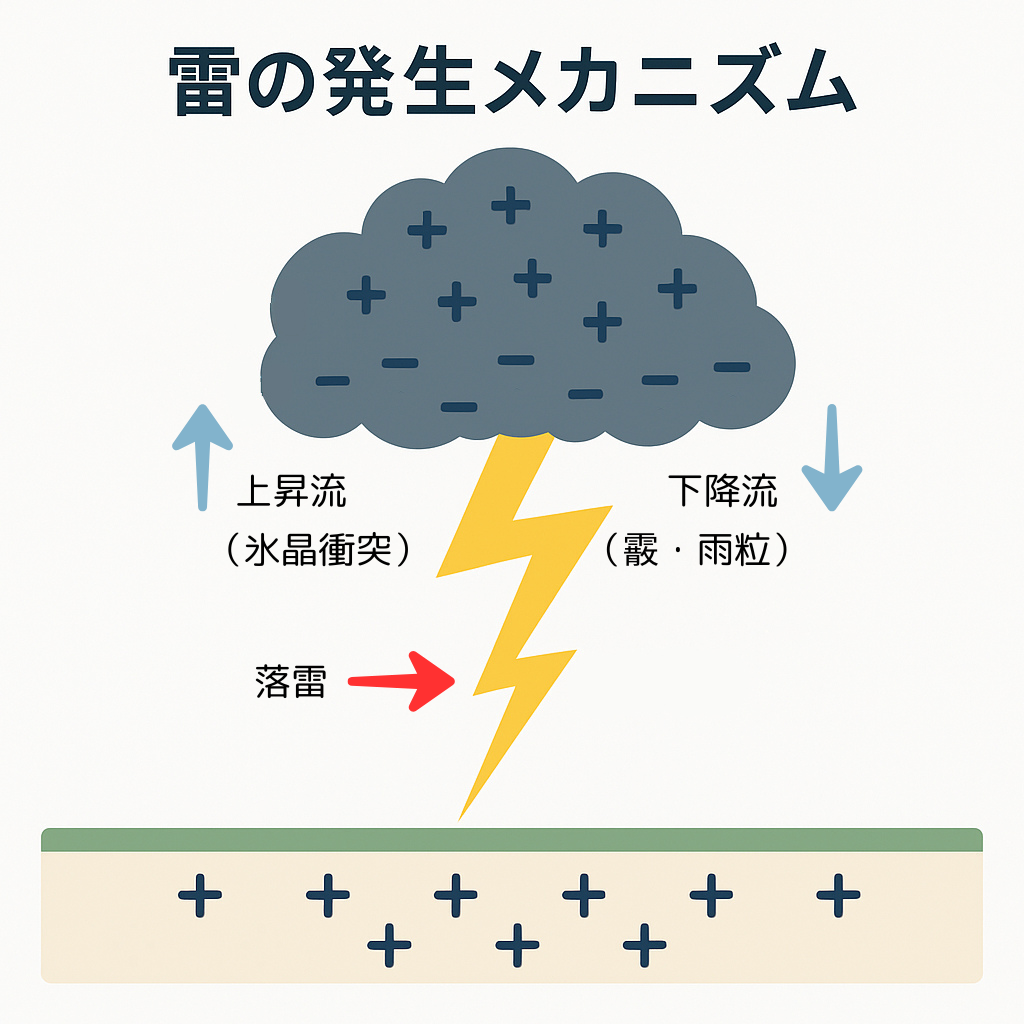 雷が発生する仕組みを説明する図。雲の中の電気の流れと落雷の様子を示している。