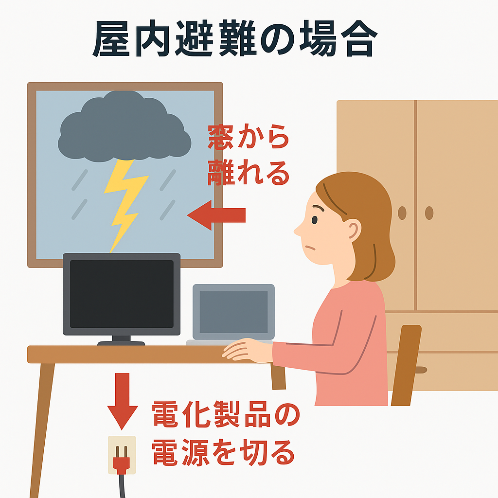 女性が雷を避けて室内に避難している様子。窓から離れ、電化製品の使用を控えている。
