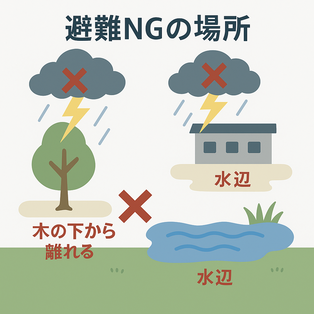 雷の際に避けるべき場所を示す図。木の下、屋上、水辺が赤いバツ印で示されている。