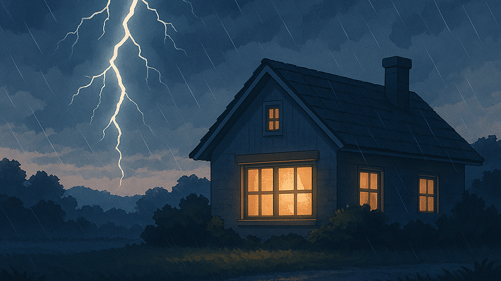 雷が鳴っている夜、家の上に落雷が発生しているイメージ画像