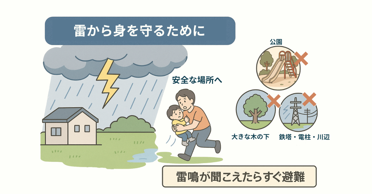 雷から身を守るために避けるべき行動(木の下にいる、公園、鉄塔など)の注意イラスト