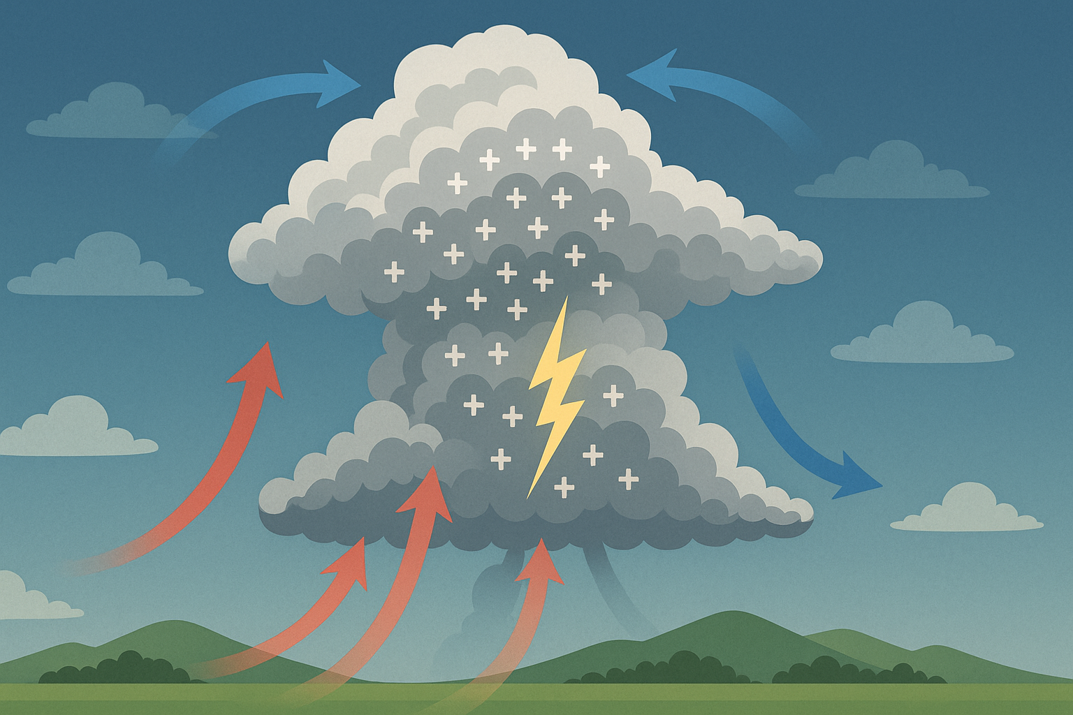 雷が発生する仕組みを3つのステップで示した図解イラスト。積乱雲の形成、電荷の分離、地上への放電までの流れを、矢印や色分けで視覚的にわかりやすく表現している。
