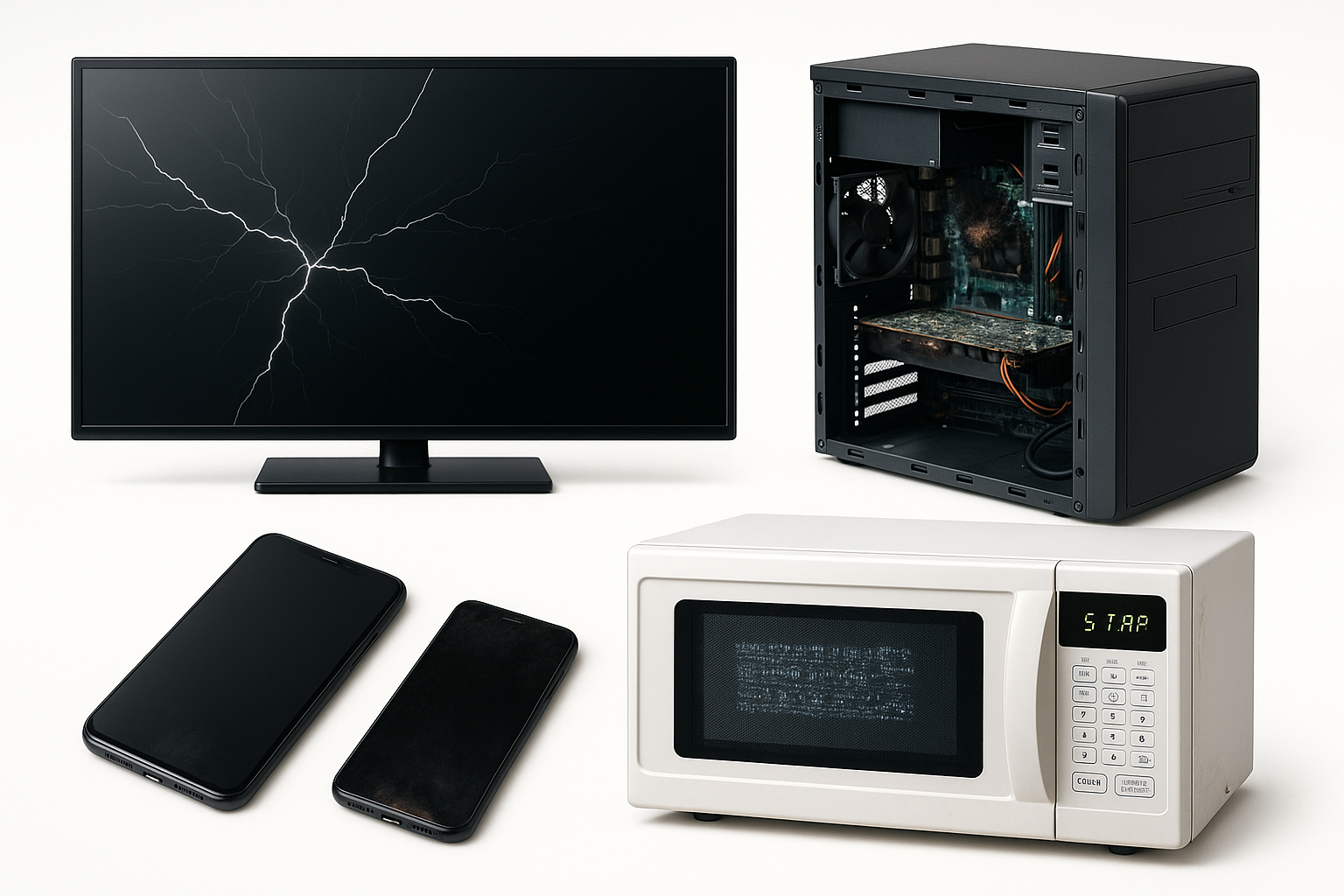 白い背景に、雷サージによって損傷を受けた家電製品が4つ並んでいる。ひび割れたテレビ画面、焦げ跡のあるデスクトップパソコン、焼けた充電ポートのスマートフォン、文字化けした表示の電子レンジがリアルに描かれている。