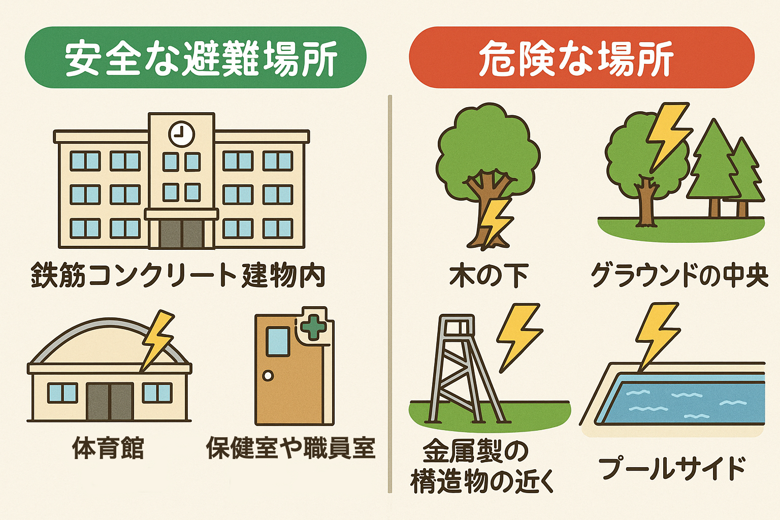 雷発生時の安全な避難場所と危険な場所を比較したイラスト。左側の緑色の欄には「安全な避難場所」として鉄筋コンクリート建物内、体育館、保健室や職員室が描かれ、右側の赤色の欄には「危険な場所」として木の下、グラウンド中央、金属製構造物の近く、プールサイドが描かれている。