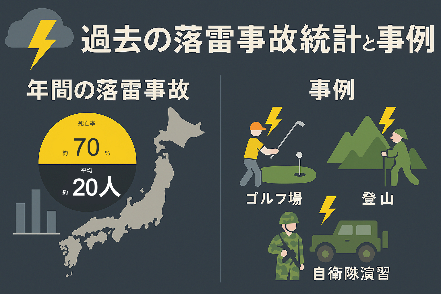 日本国内における年間の落雷事故統計と事例を示したインフォグラフィック。左側に『年間平均約20人・死亡率70%』のデータを日本地図と円グラフで表示し、右側にはゴルフ場・登山・自衛隊演習での落雷事故を示すアイコンが配置されている。
