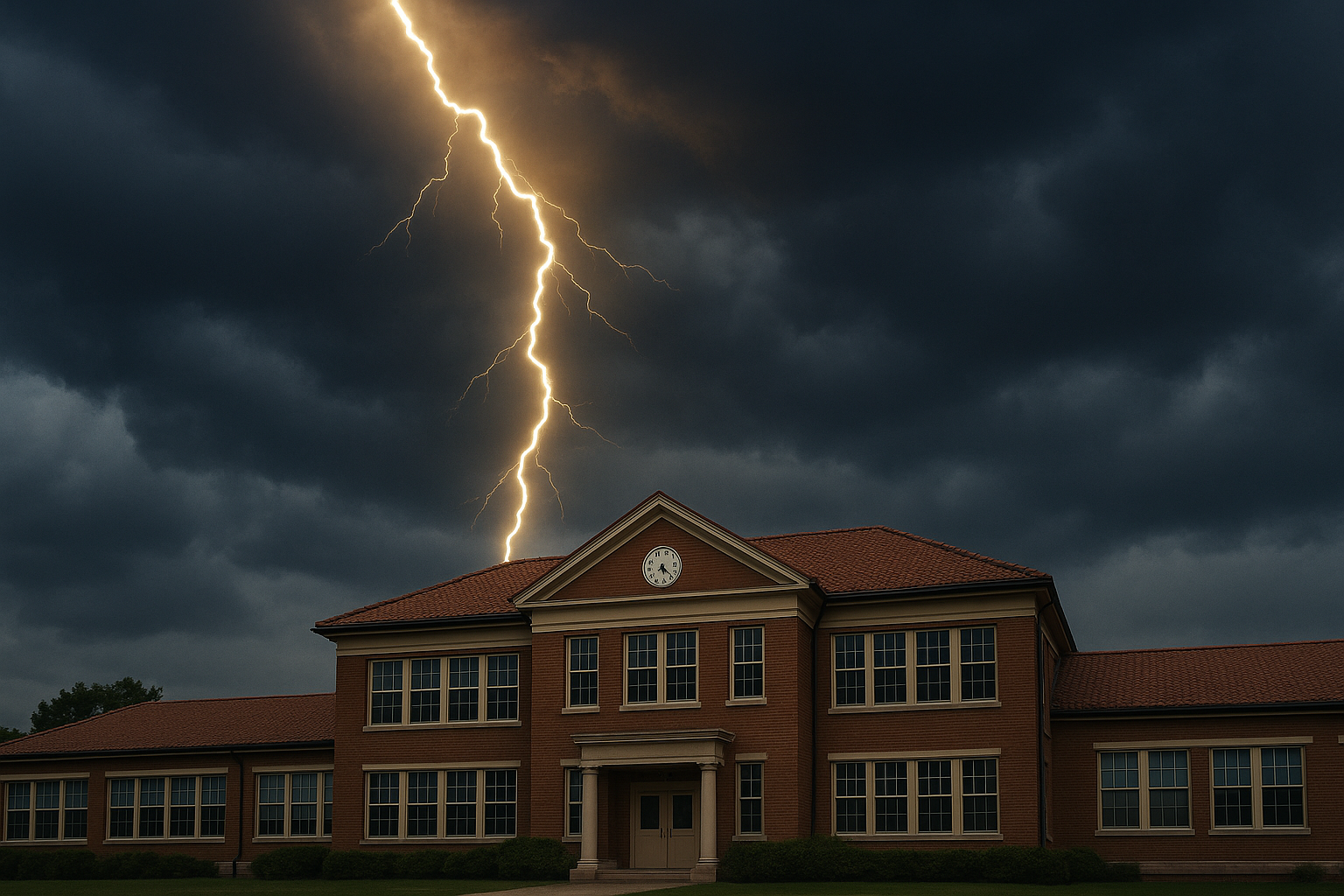 雷雲の下で稲妻が校舎上空に走る様子。学校での雷対策の重要性を象徴する写真。