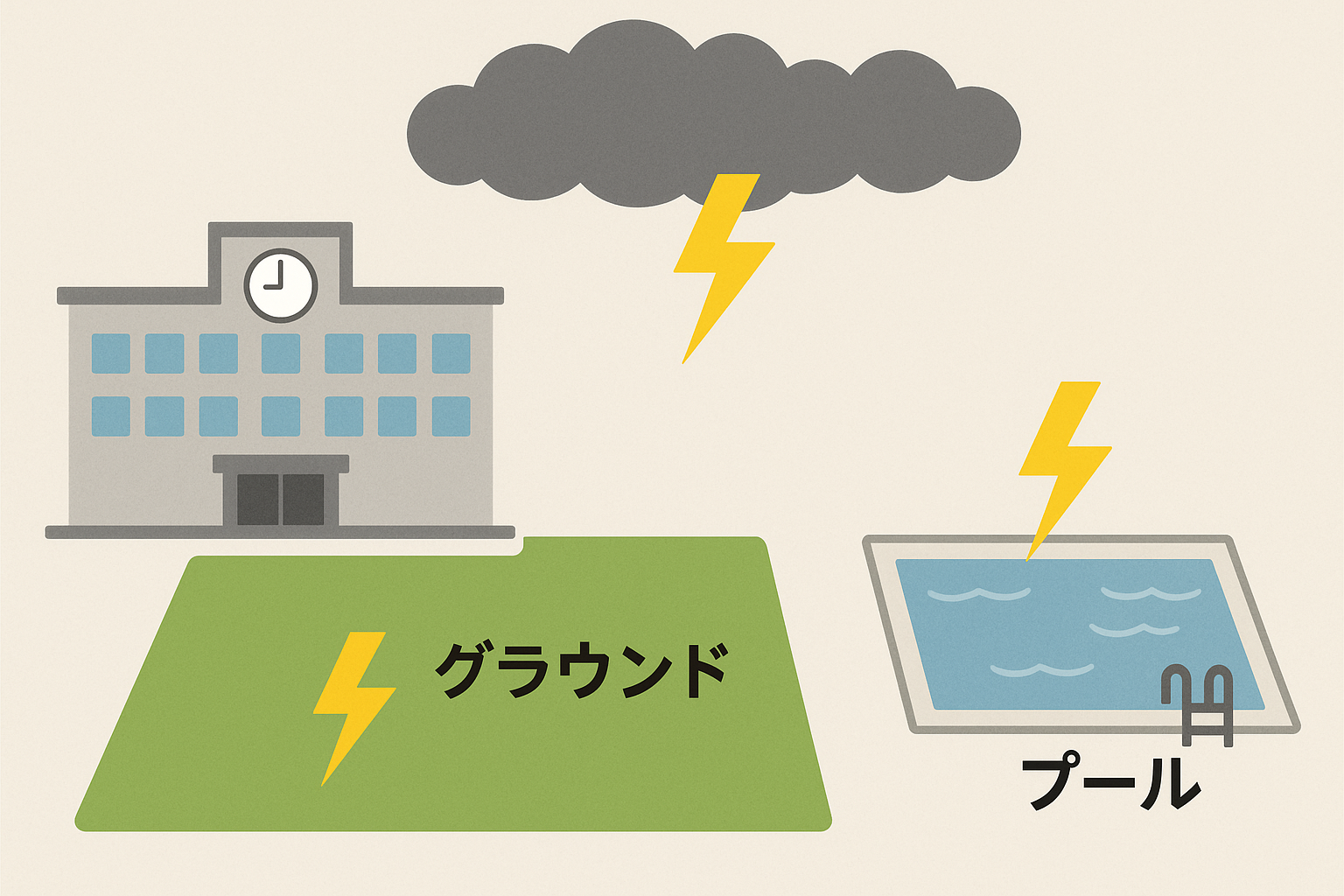 雷雲の下、学校のグラウンドとプールに稲妻が表示され、落雷事故が起こりやすい危険な場所を示す図解。