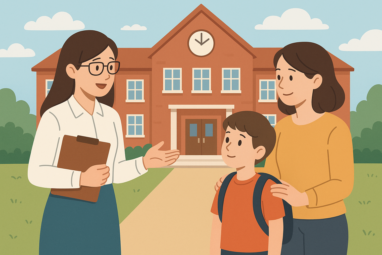 学校の校舎の前で、先生がクリップボードを持って説明し、母親と小学生の子どもが安心した様子で聞いているイラスト。保護者・子ども・先生が一緒に安全対策を考えている場面を表現。