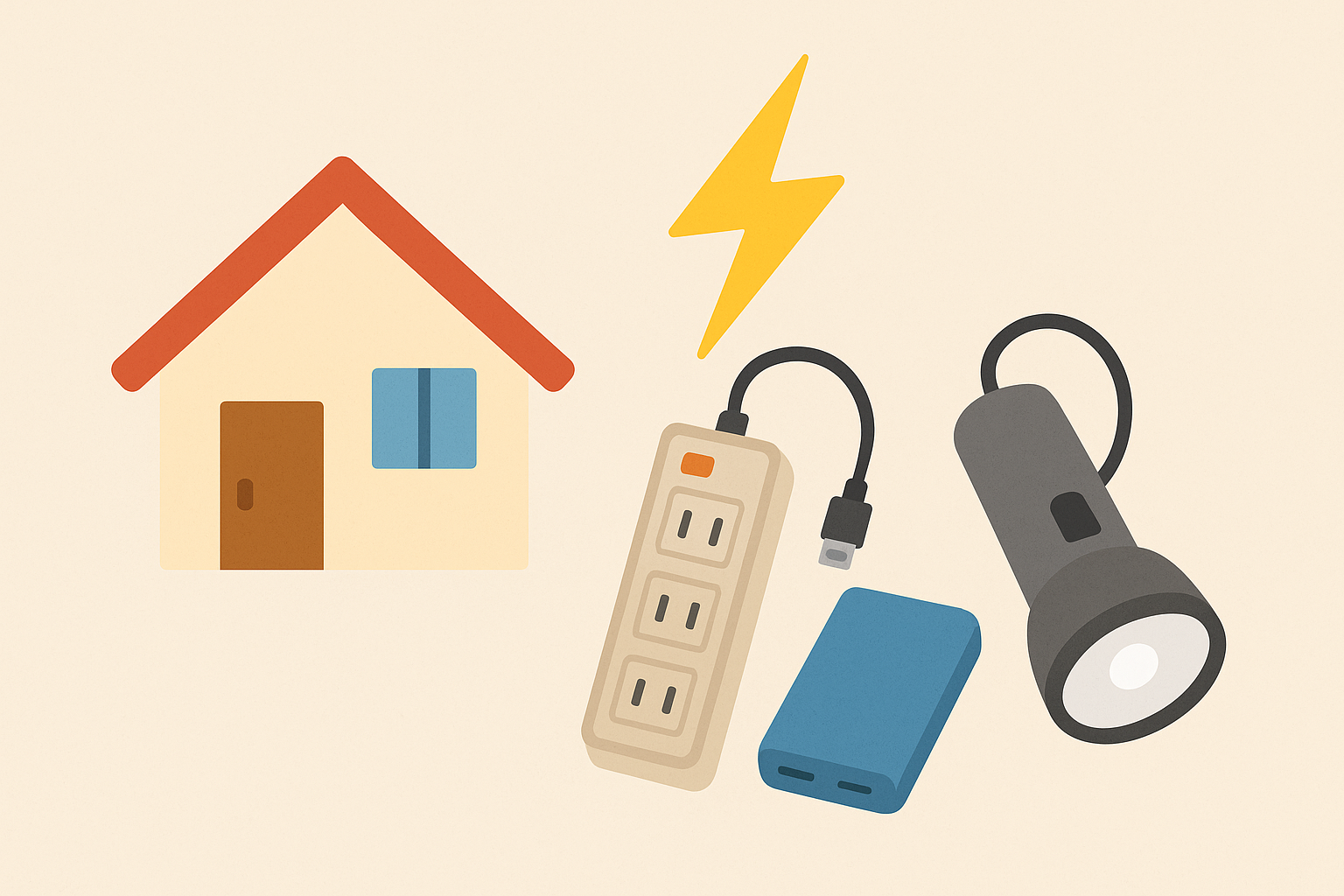 家と雷のイラストの横に、避雷器付きコンセントタップ、モバイルバッテリー、懐中電灯が並んで描かれた、家庭の雷対策グッズのイメージ図