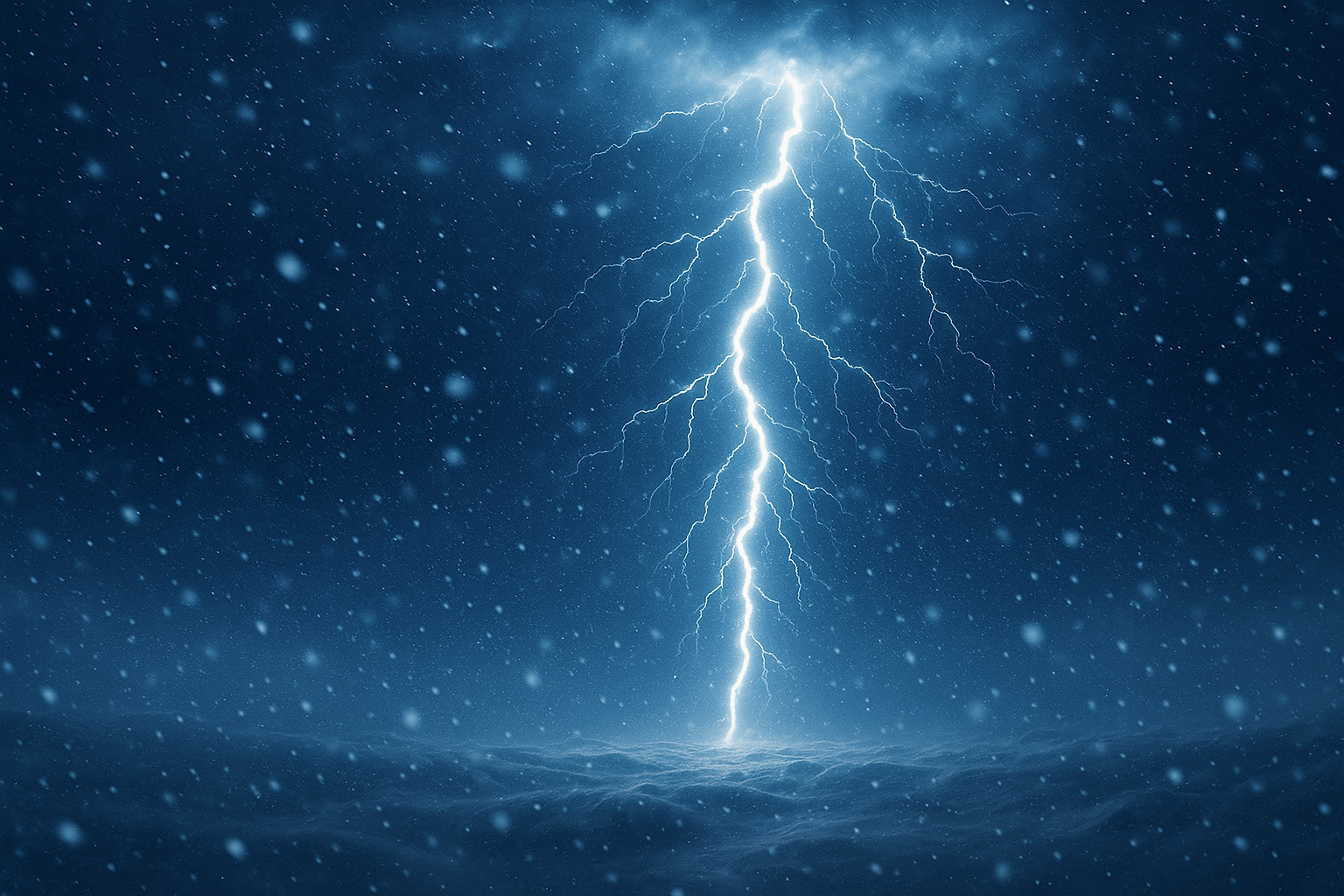 冬の雷（雪雷）の写真風イラスト。吹雪の中で青白い稲妻が光る冬の夜空を描き、寒冷地特有の雷現象をリアルに表現したブログ用画像。