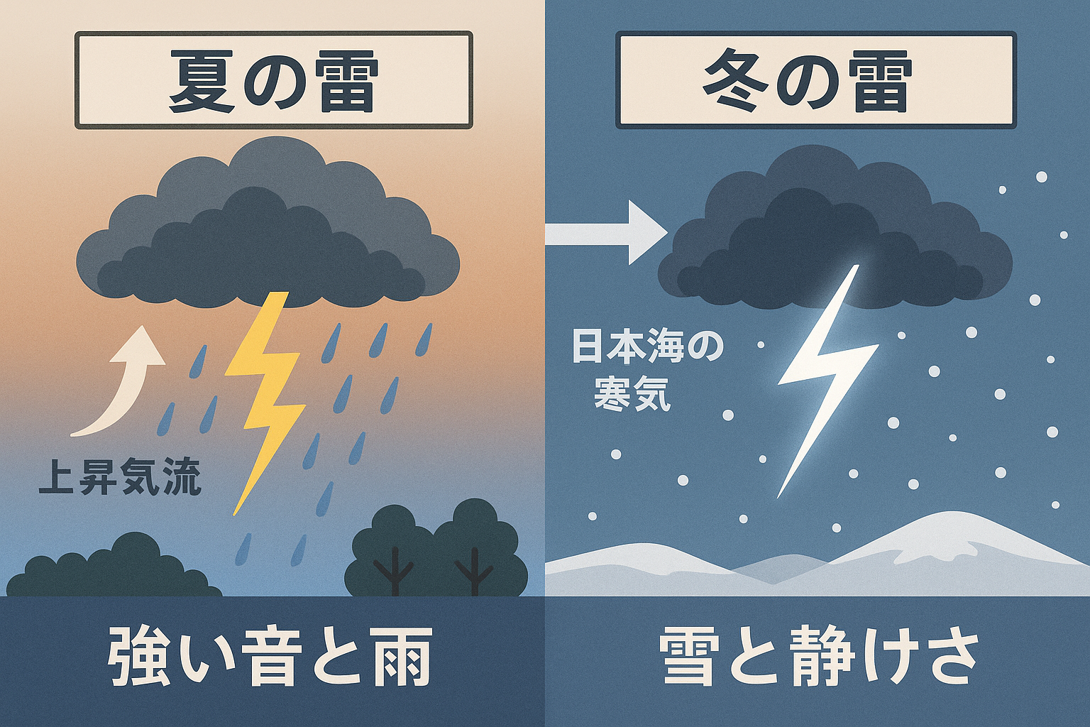 夏の雷と冬の雷の違いを比較したイラスト。夏は上昇気流による積乱雲と激しい雨、冬は日本海の寒気による雪と青白い稲妻など、特徴の違いをわかりやすく示した教育用画像。