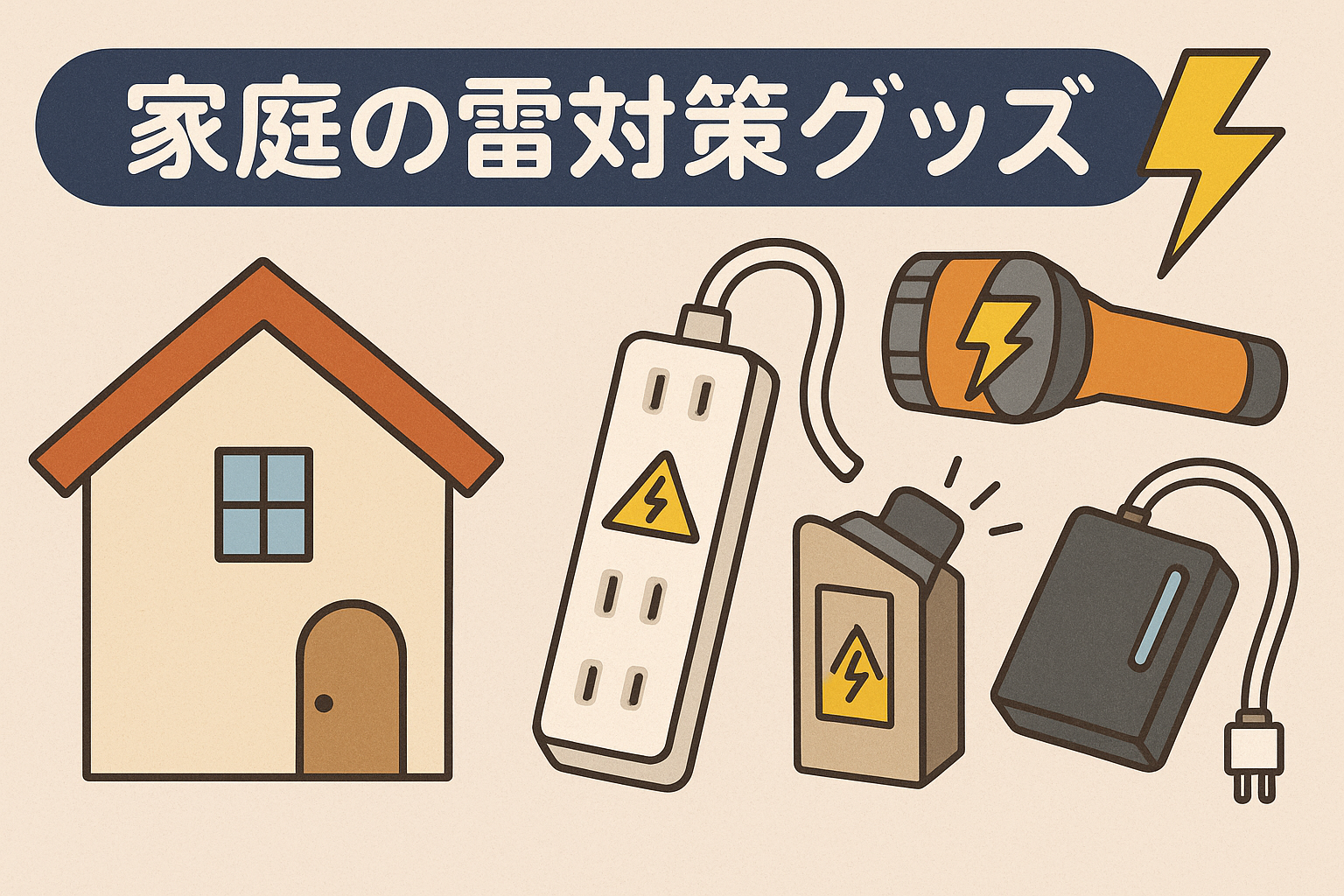 家庭でできる雷対策グッズのイラスト。避雷器や雷ガードタップ、非常用ライト、モバイルバッテリーなどを紹介し、安全対策を呼びかける防災啓発用画像。