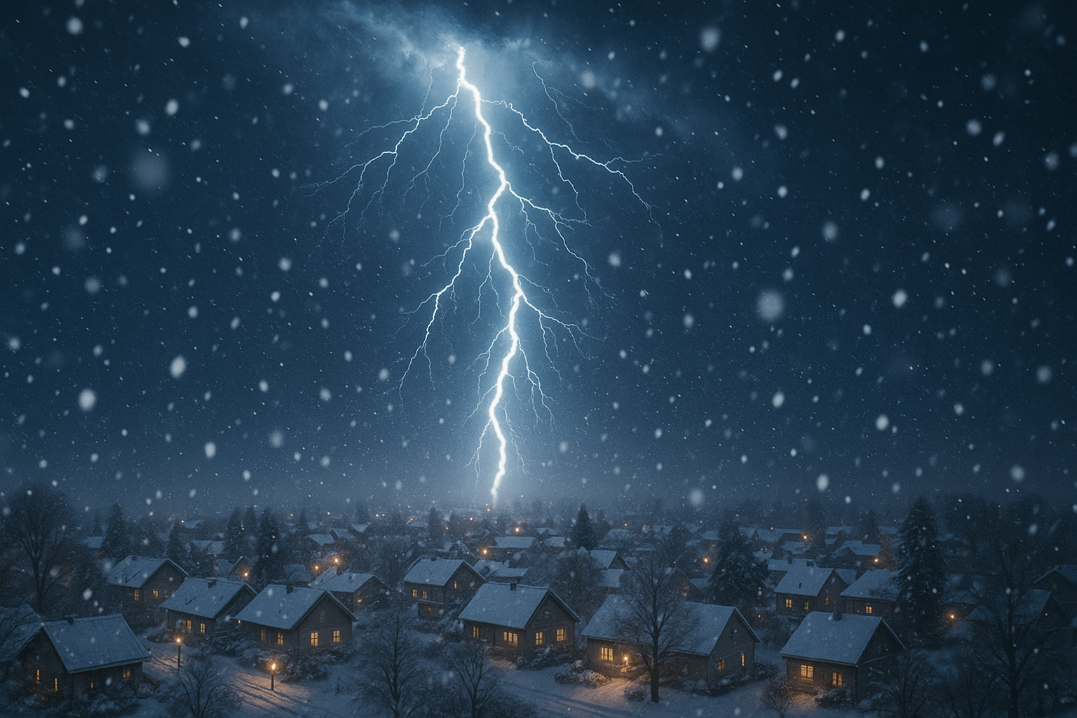 冬の雷の危険性を伝えるイメージ｜雪の街に雷が落ちる様子