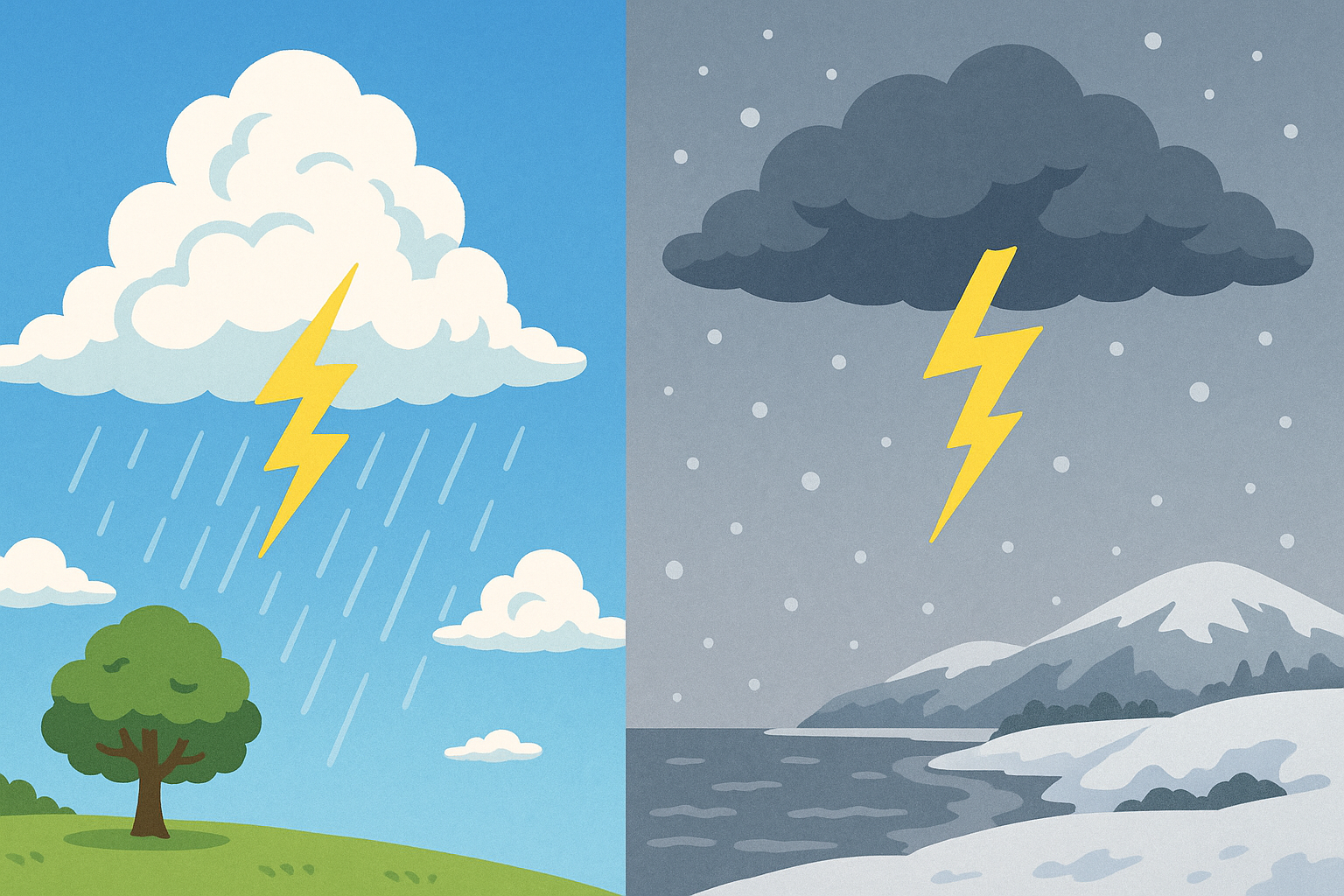 夏の雷と冬の雷の違いを比較した図。夏は雨雲、冬は雪雲の中で雷が発生し、冬の雷は一回あたりの電気量が多く危険性が高いことを示す。