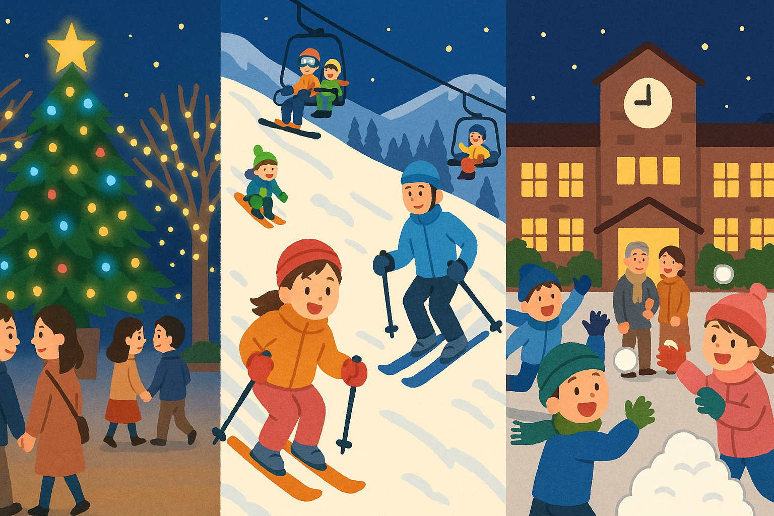 冬季イベントで雷報が活用できるシーンを描いたイラスト。イルミネーション会場やスキー場、学校行事などで、冬の雷発生時にも安全を確保し、参加者の安心とイベント運営の安全管理を支援する様子を表している。