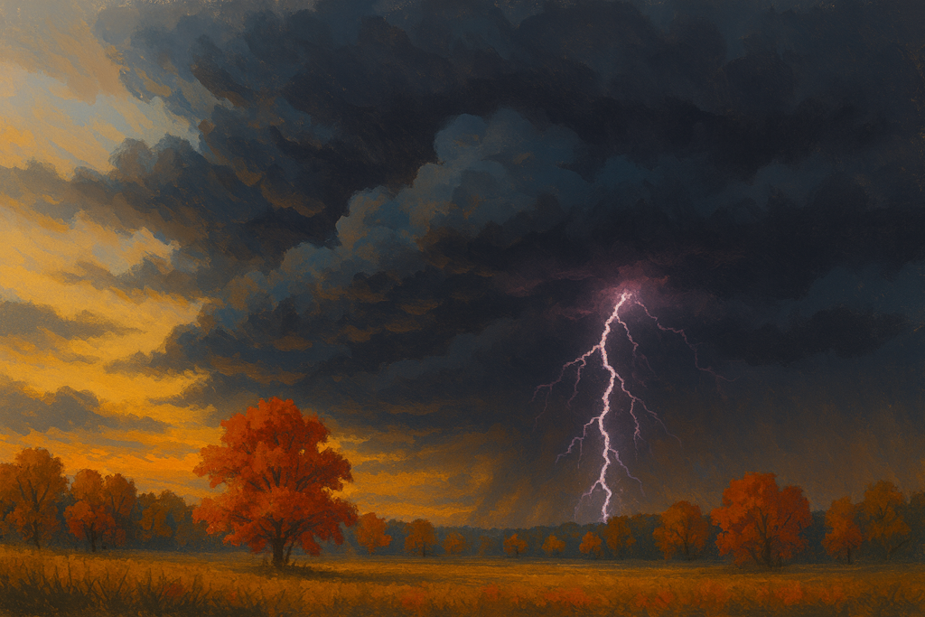 秋の空に暗雲が広がり雷雲が接近している様子の画像