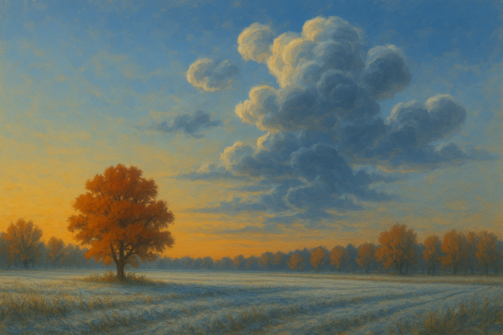 放射冷却による朝の冷え込みと、大気の不安定さを感じる秋の風景のイラスト
