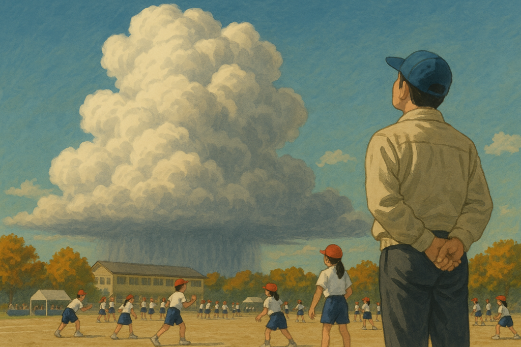 校庭で体育行事中の生徒たちと空を見上げる教員の様子のイラスト