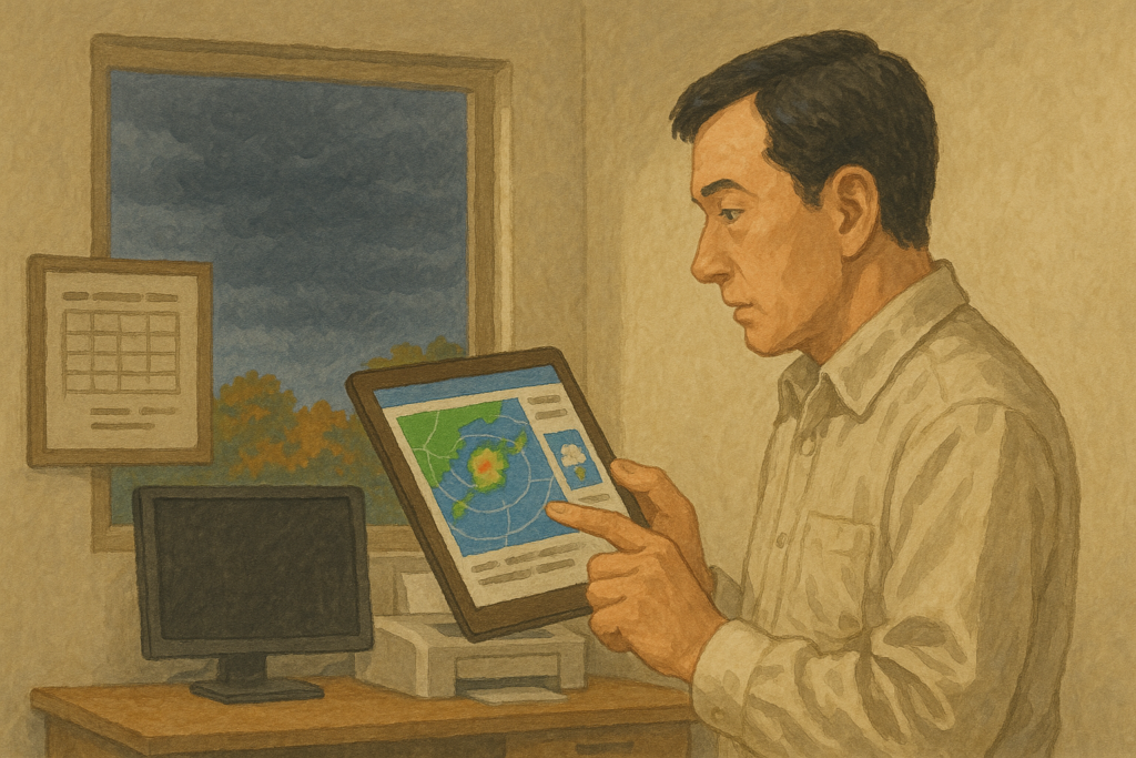 気象情報を確認する教員のイラスト