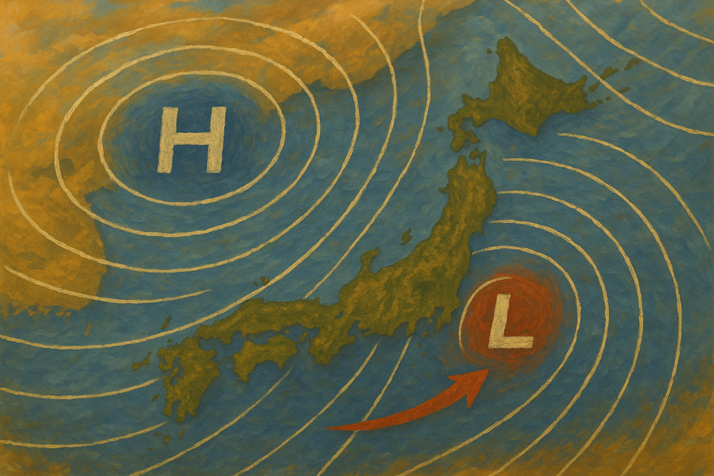 秋の高気圧と低気圧の配置を示す天気図のイラスト