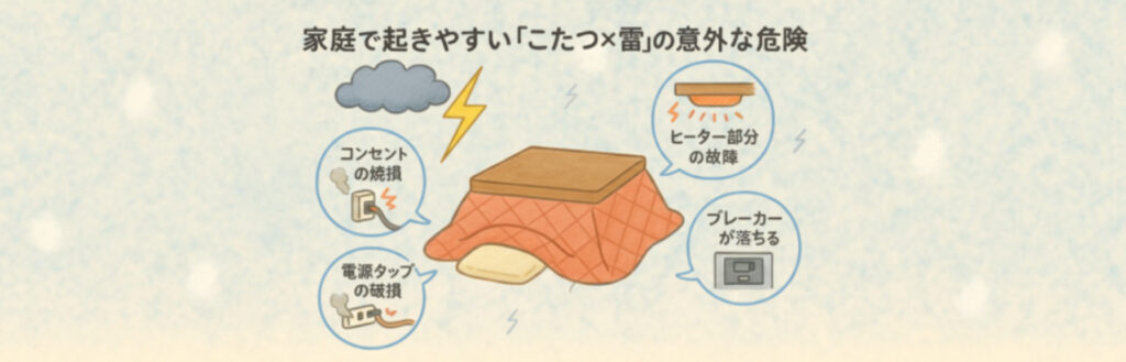 家庭で起きやすい「こたつ×雷」の意外な危険のイメージイラスト