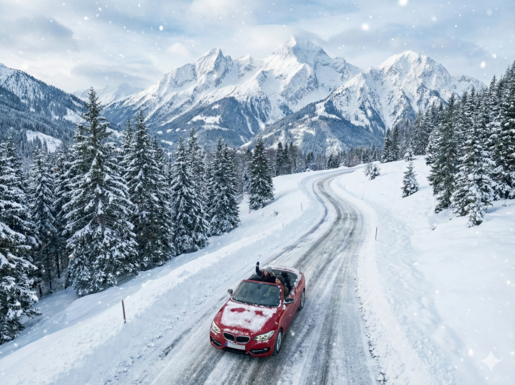 オープンカーが雪山を走っている様子