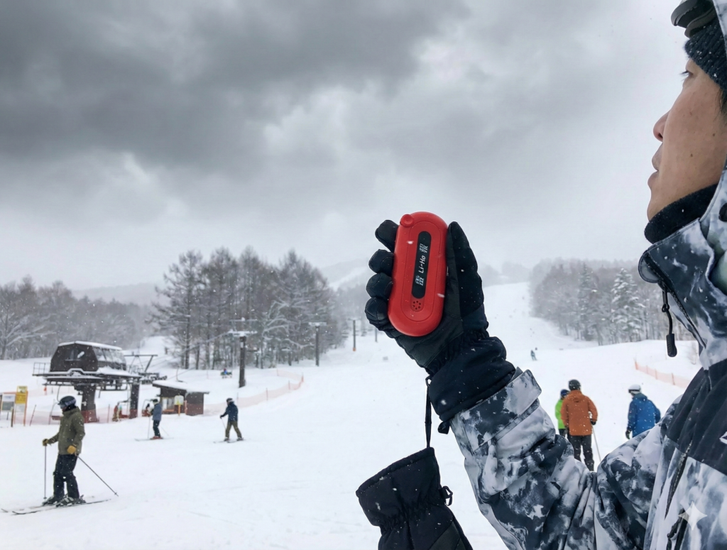 ゲレンデで雷検知器「雷報」を片手に曇り空を眺めている男性の写真