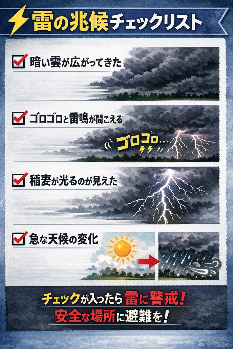 雷の兆候を示すチェックリスト（暗い雲、雷鳴、稲妻、急な天候変化）