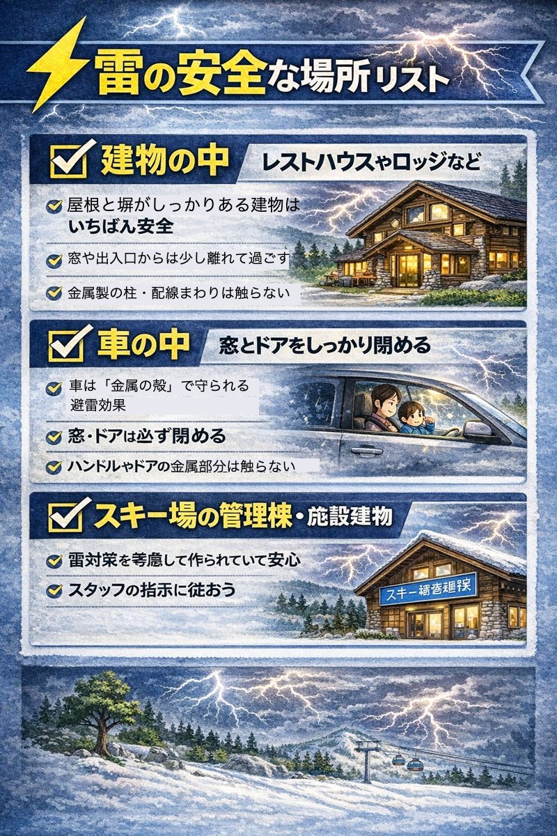 雷のときに「安全な場所」チェックリスト「建物の中」「車の中」「スキー場の管理棟」