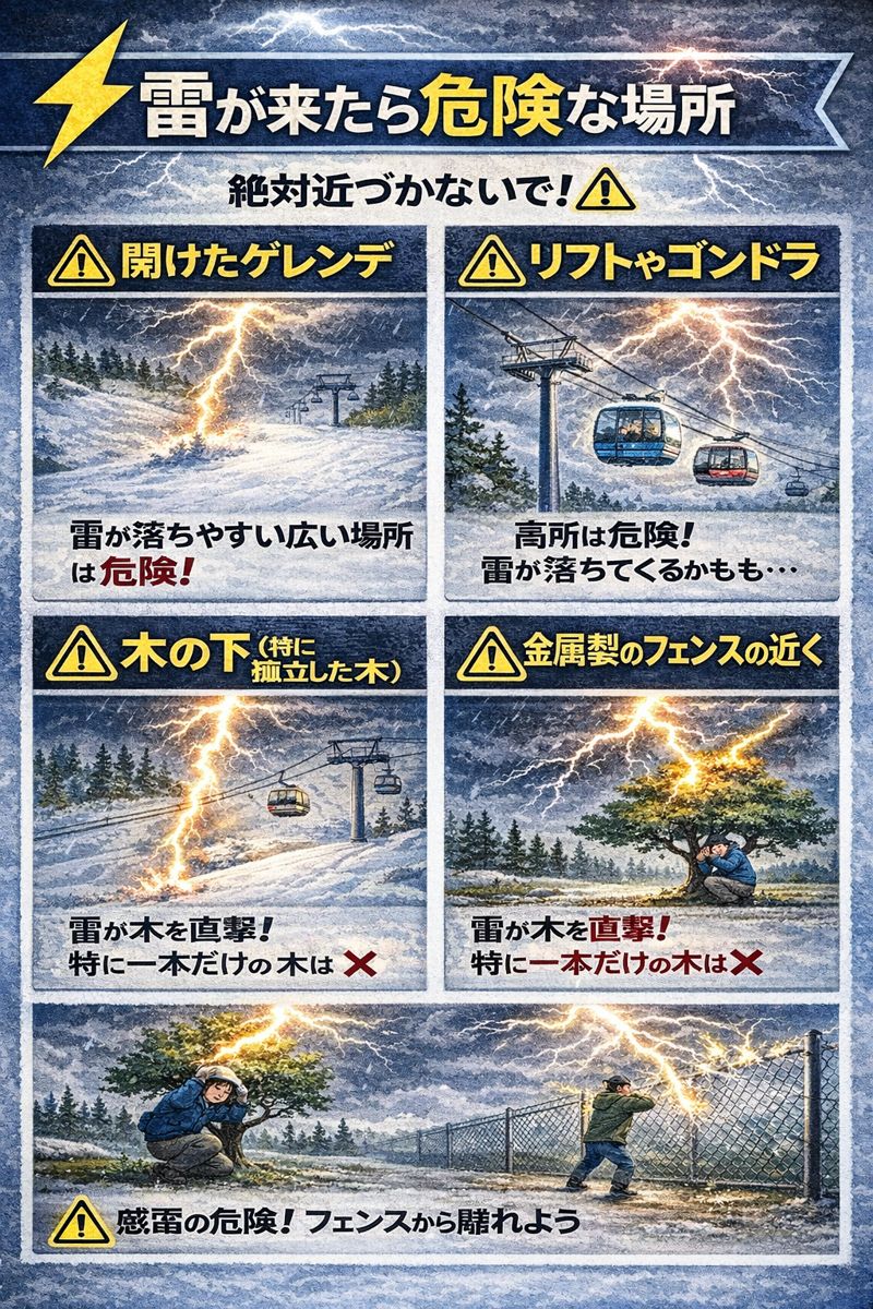 雷のときに「危険な場所」チェックリスト「開けたゲレンデ」「リフト」「木下」「金属製のフェンスの近く」