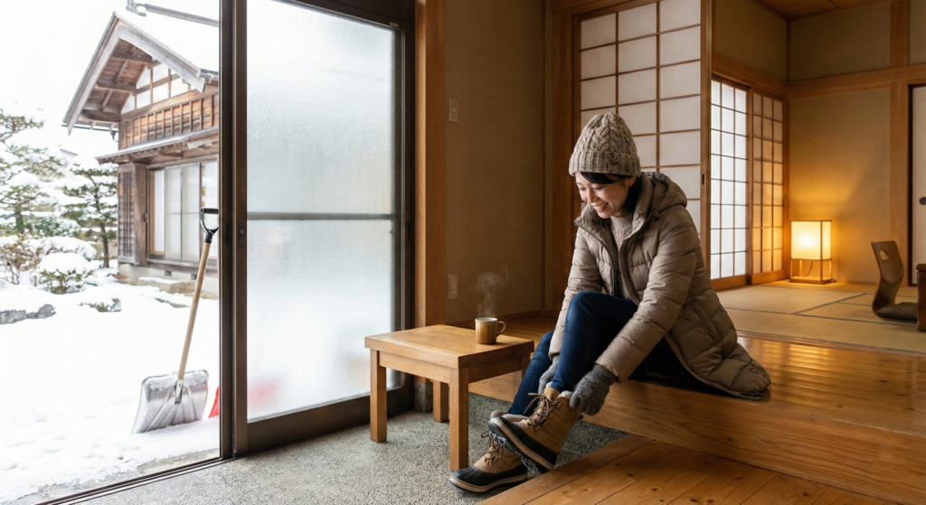 雪かきを終えて屋内に戻る様子