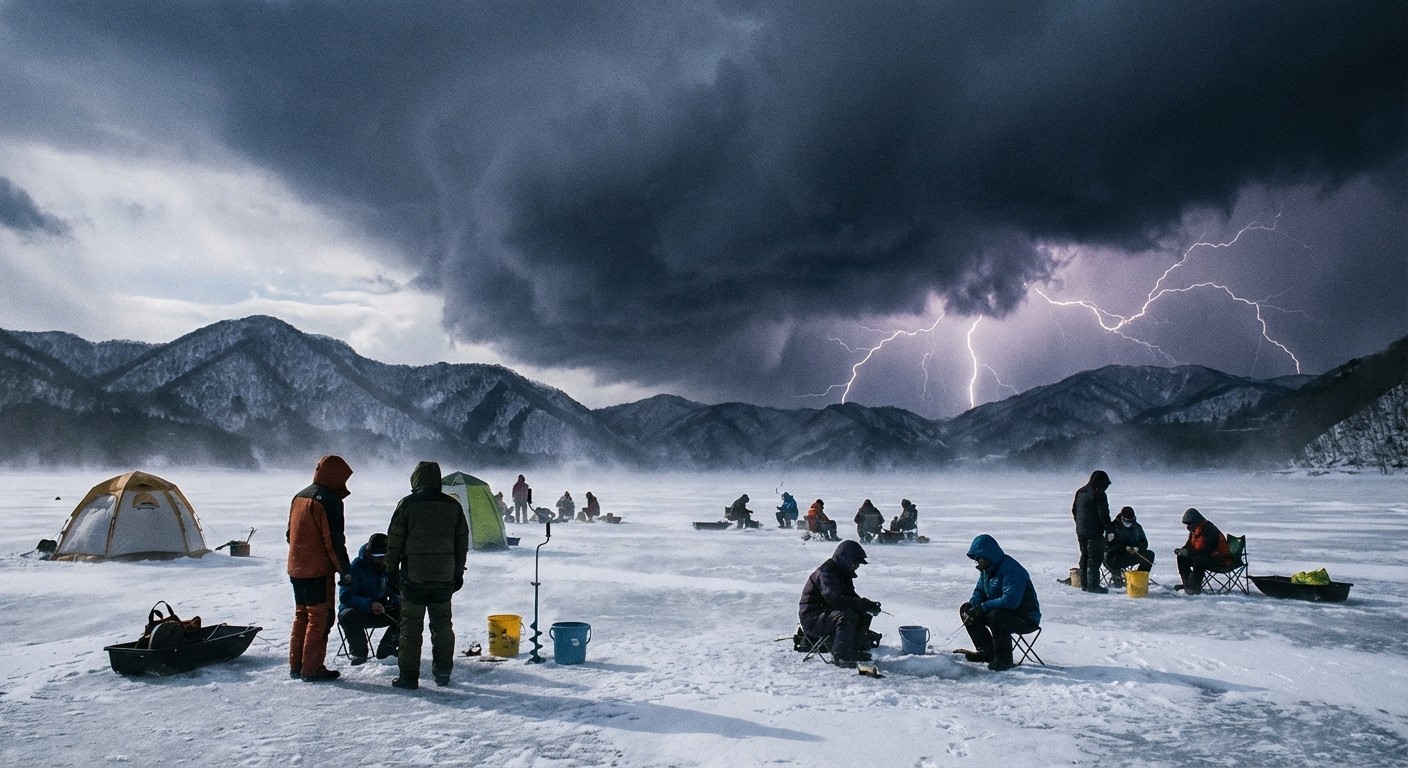 氷上でワカサギ釣りをしている人々。遠くに黒い雷雲が迫り、稲妻が光っている様子。氷の上にテント、釣り道具、複数の釣り人が点在している風景。雰囲気は少し不穏
