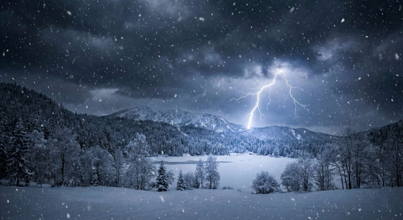 冬の雷のイメージ(雪が降る中、遠くに稲妻が光る様子。暗い空と雪景色のコントラスト)