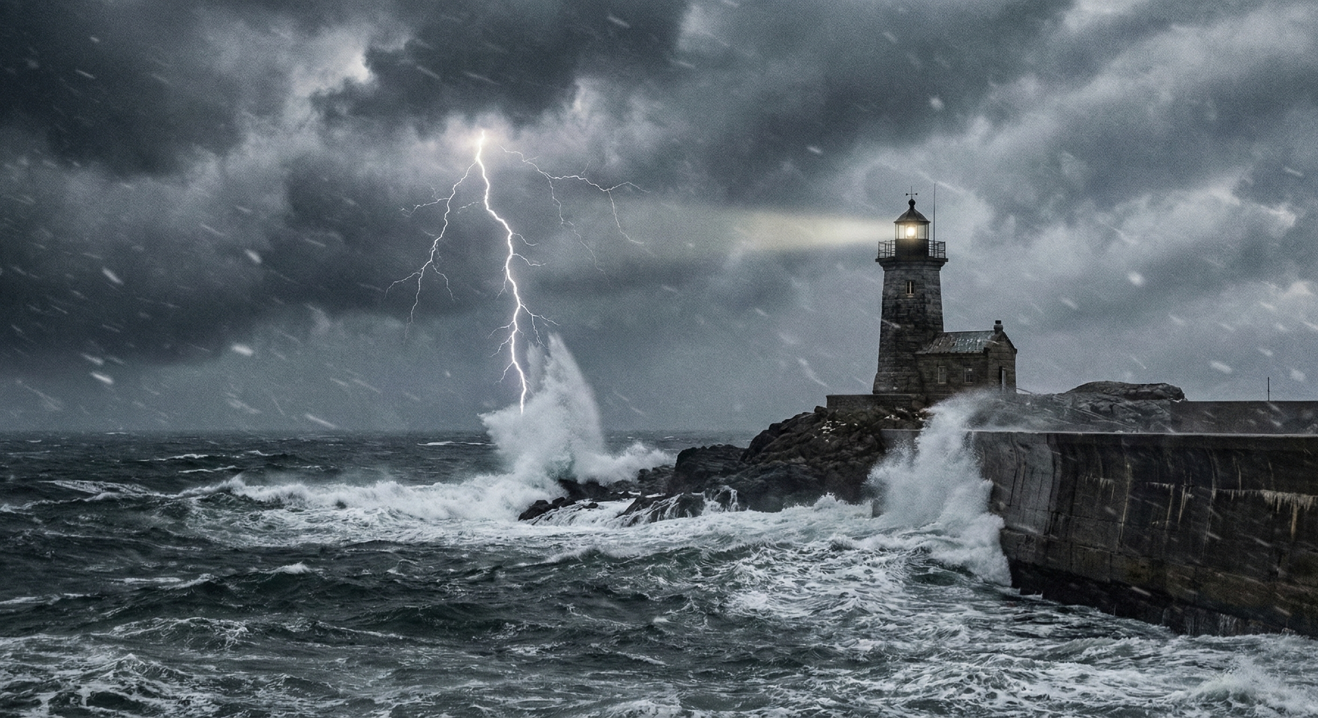 冬の海沿いのイメージ(荒れた海と暗い雲。灯台や防波堤が見える。雷が海に落ちる様子)