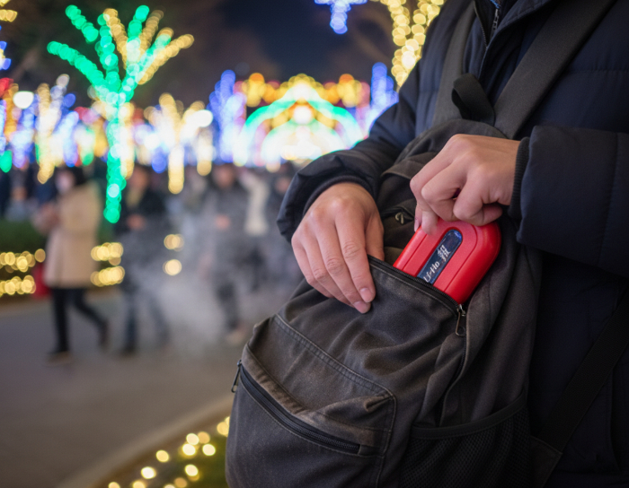 イルミネーション会場で雷報カバンから取り出している様子