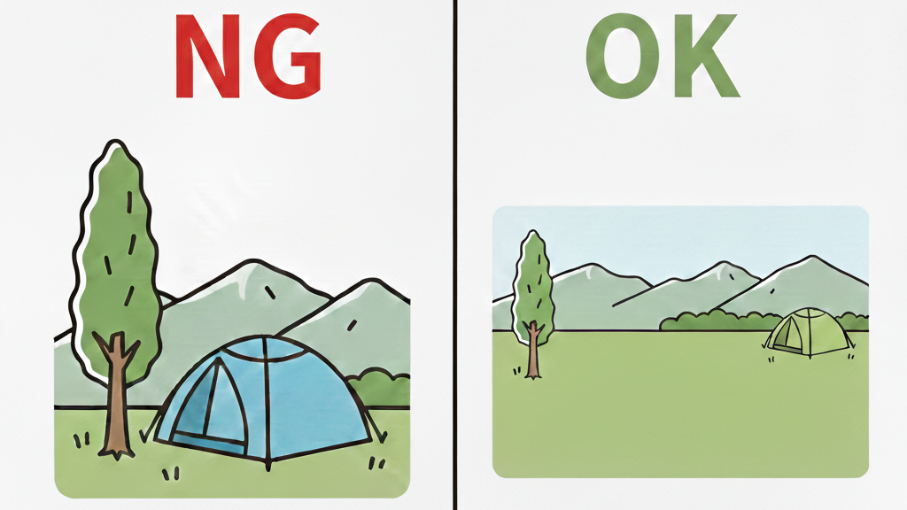 テントとタープを張ったキャンプサイト。孤立した木の近くに設営されているNG例と、安全な距離を保ったOK例を比較したイラスト