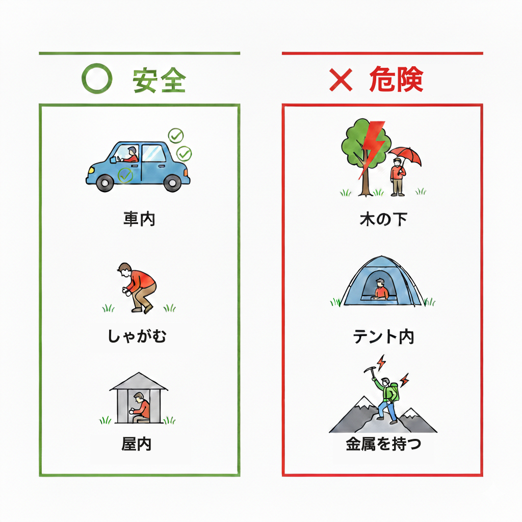 代替テキスト:○印(車内・低い場所でのしゃがみ姿勢)と×印(木の下・テント内・ピッケルを持ち上げた状態)を並べた避難行動インフォグラフィック
