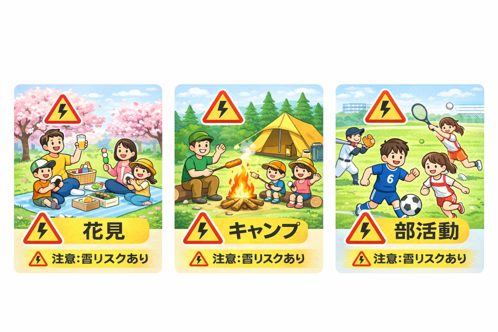 花見・キャンプ・部活動の3シーンに雷注意マークが表示されたイラスト