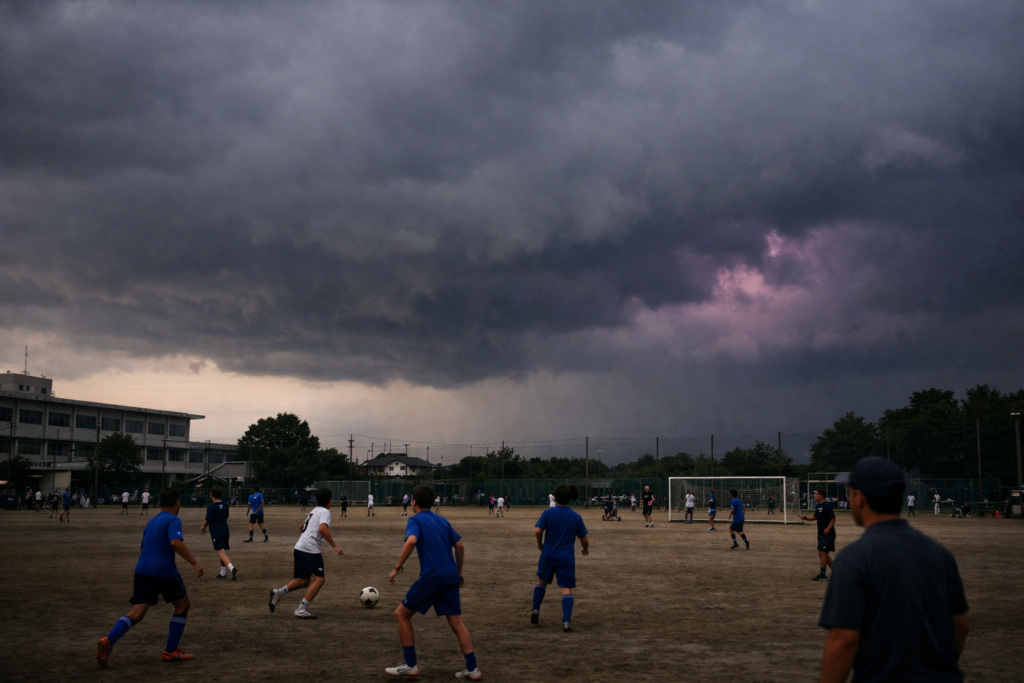 部活中に雨雲が近づいている様子