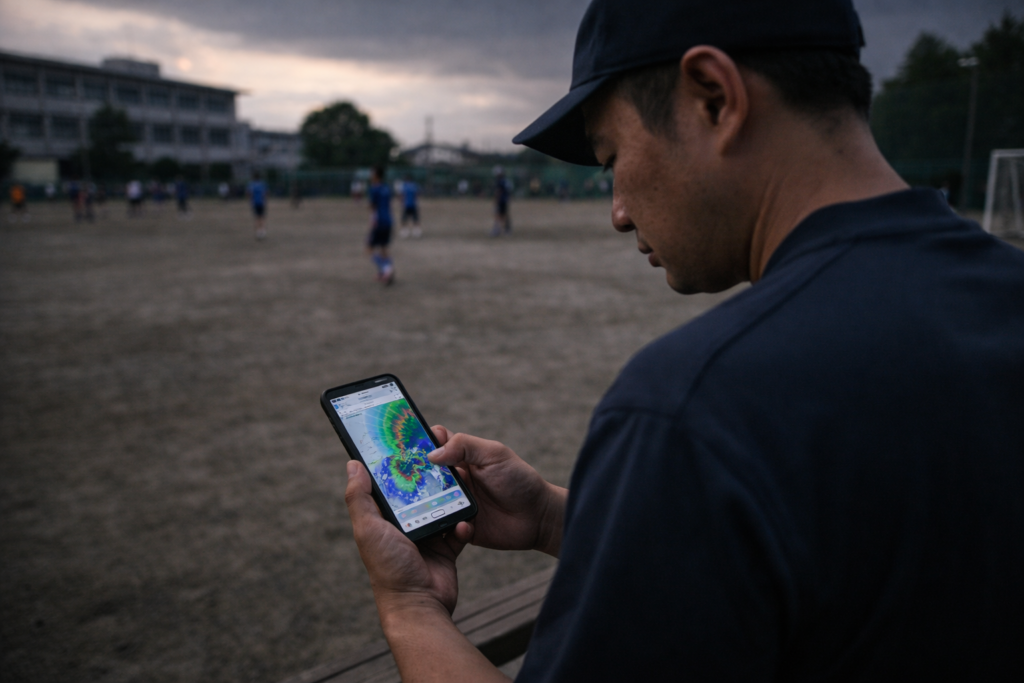 学校の教職員または部活顧問と思われる大人の男性が、屋外（グラウンドのベンチ付近）でスマートフォンの画面を確認している場面。画面には天気予報または地図のようなアプリが表示されている様子
