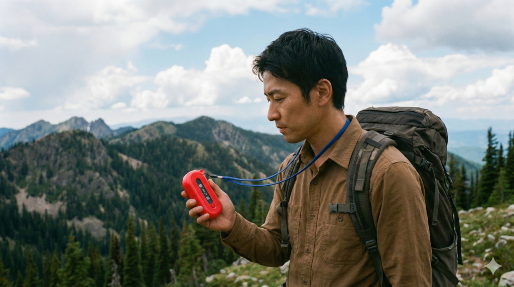 山岳地帯でバックパックを背負った男性が、首から提げた「雷 Li-Ho 報」と書かれた赤い雷検知器を手に持ち、真剣な表情で見つめている様子。背景には森林に覆われた山々と雲の多い空が広がっている。