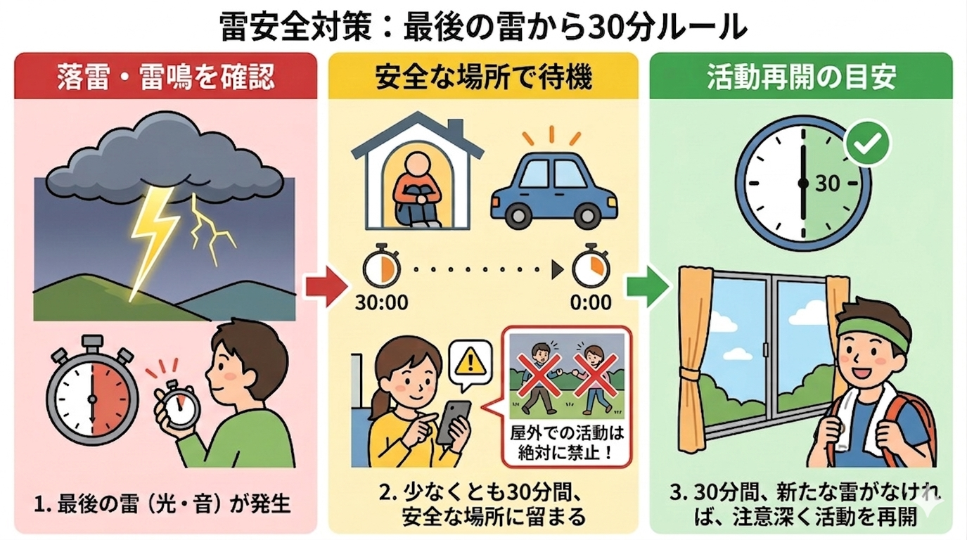 雷安全対策「30分ルール」の3ステップ図解。最後の雷から30分間は安全な場所で待機し、活動を再開するまでの流れを説明したイラスト。