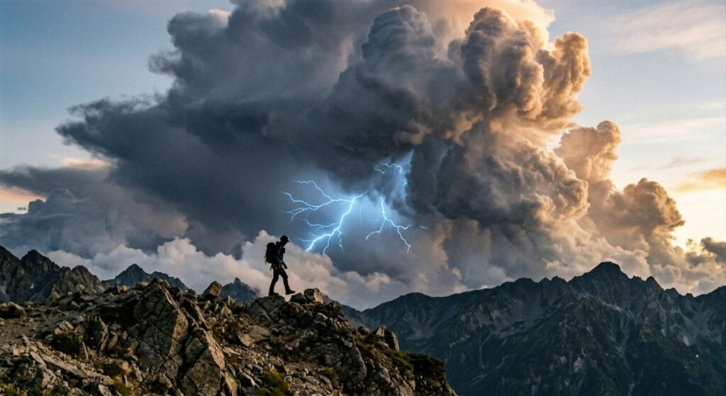 夕暮れ時の連峰の岩場に立つ一人の登山者のシルエット。背後には空を覆い尽くすほど巨大で重厚な積乱雲が発達しており、雲の奥で鮮烈な稲妻が光を放っている。山の静寂と、迫り来る自然の驚異を捉えた、緊張感のある山の情景