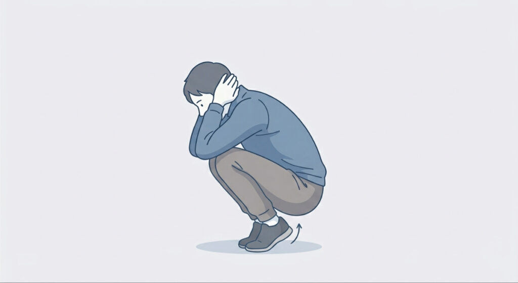 青い上着と茶色のズボンを着用した人物が、かかとを浮かせたつま先立ちでしゃがみ込み、両手で耳をふさいで姿勢を低くしている様子を描いた、シンプルなイラスト。薄いグレーの背景に、人物のシルエットと姿勢が分かりやすく描かれている。
