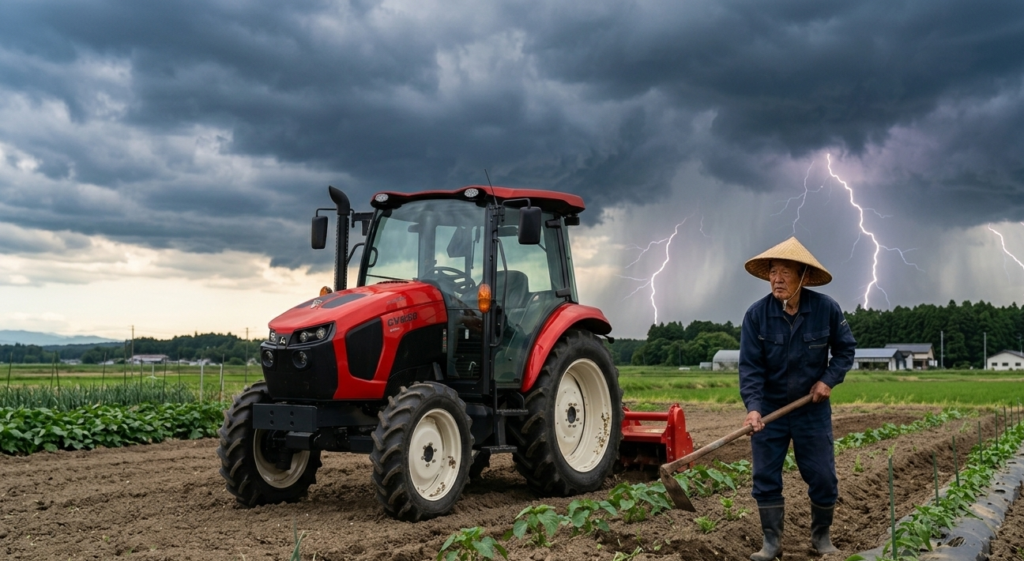 落雷の中、畑で作業しているおじいさんとトラクター