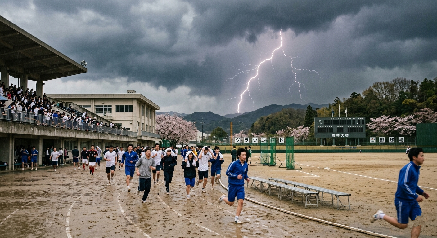 満開の桜が咲く春の学校グラウンドで、突然の落雷から避難する学生たちの様子