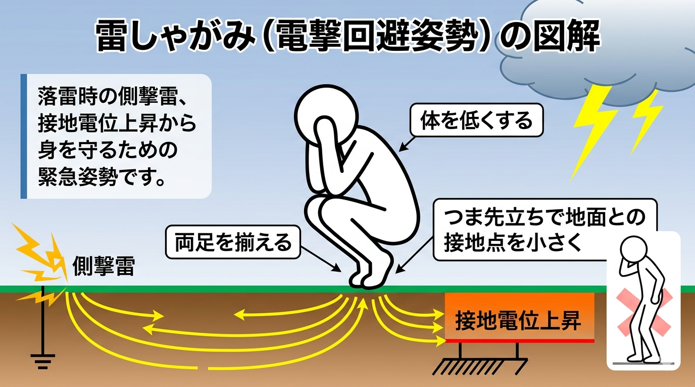 雷から身を守る「雷しゃがみ（電撃回避姿勢）」の図解。体を低くし、両足を揃えてつま先立ちをしているイラスト