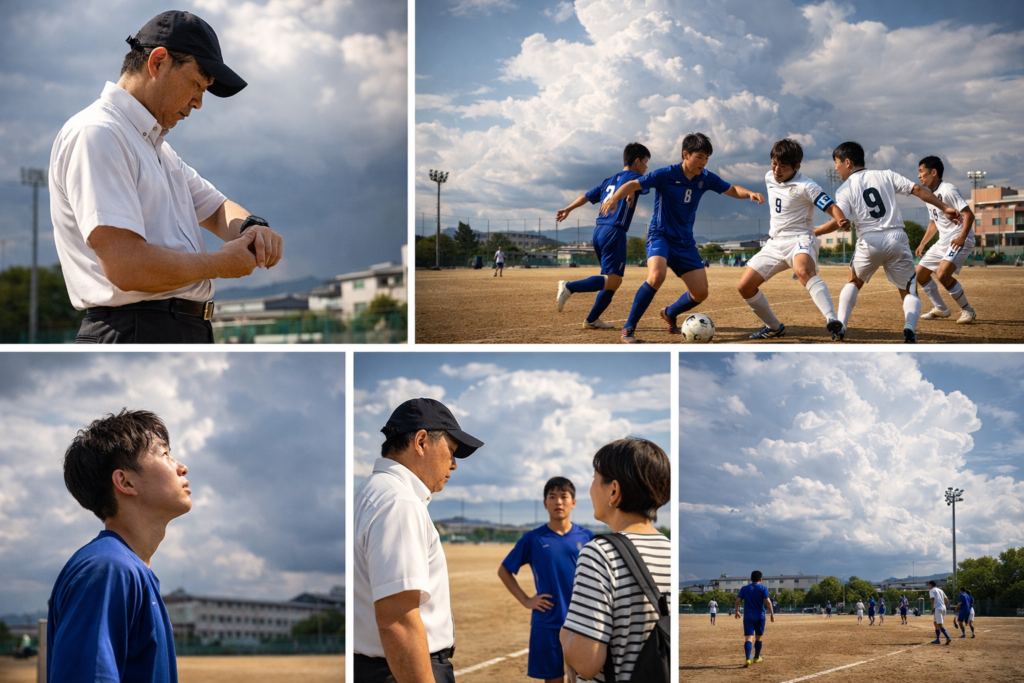 雷雲が広がる空の下での部活動の様子を収めたコラージュ。時計を見る顧問、試合中のサッカー選手たち、空を見上げる生徒、保護者と話す指導者、練習風景など複数の場面が並び、緊張感と日常が混在する状況を表している。