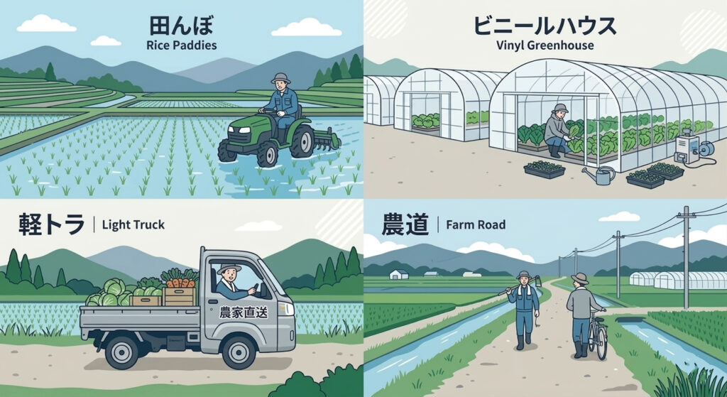 シンプルなインフォグラフィック風のイラスト。田んぼ・ビニールハウス・軽トラ・農道の4つのシーンを2×2のグリッドで並べた図解の画像
