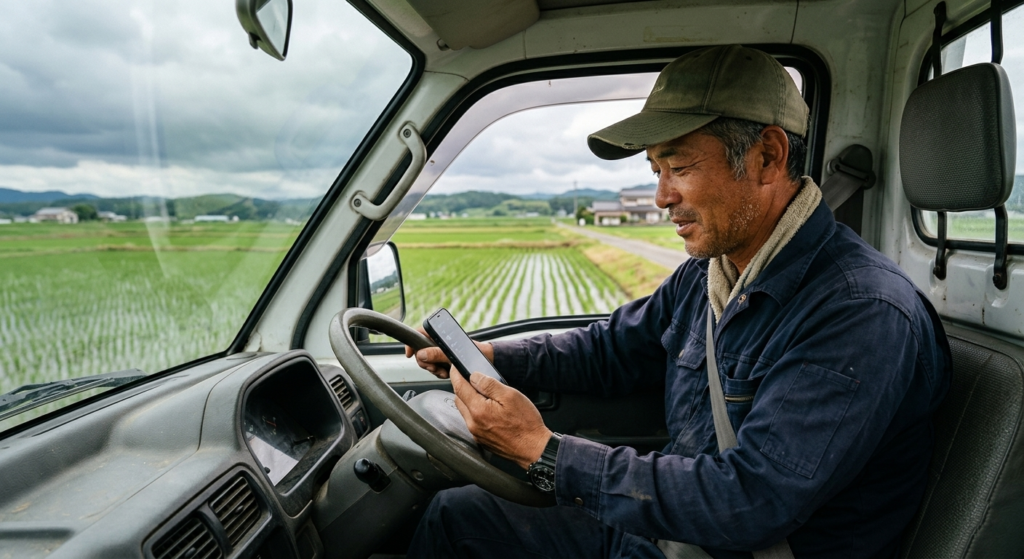 日本人の農業従事者（40〜50代の男性、作業服・帽子）が軽トラの運転席でスマートフォンを見ている様子。窓の外には田んぼと曇り始めた空が見える画像